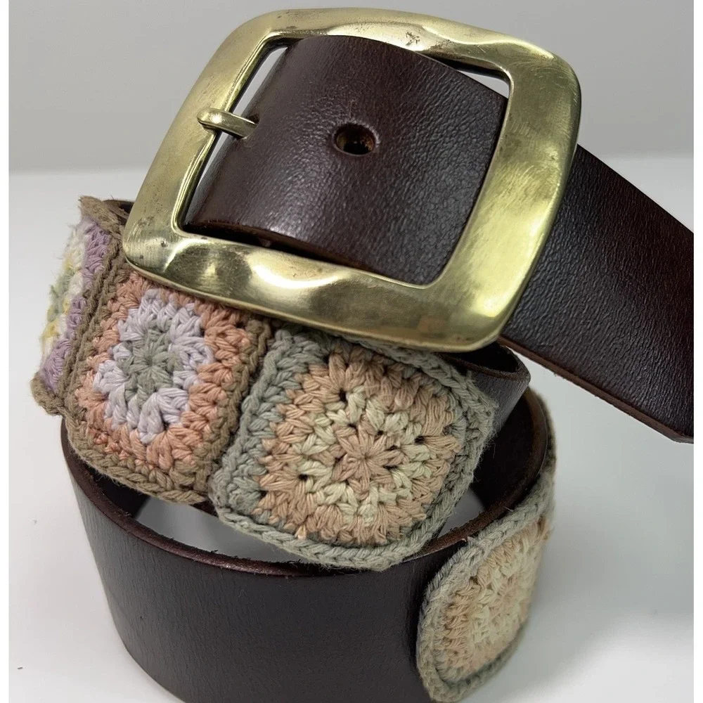 ELISE‎ M Genuine Leather Brass Buckle Belt Crochet Squares Pastel Size S/M 40